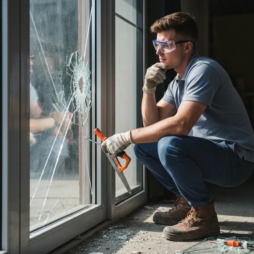 Skilled glazier assessing damage on-site for an emergency glass replacement job