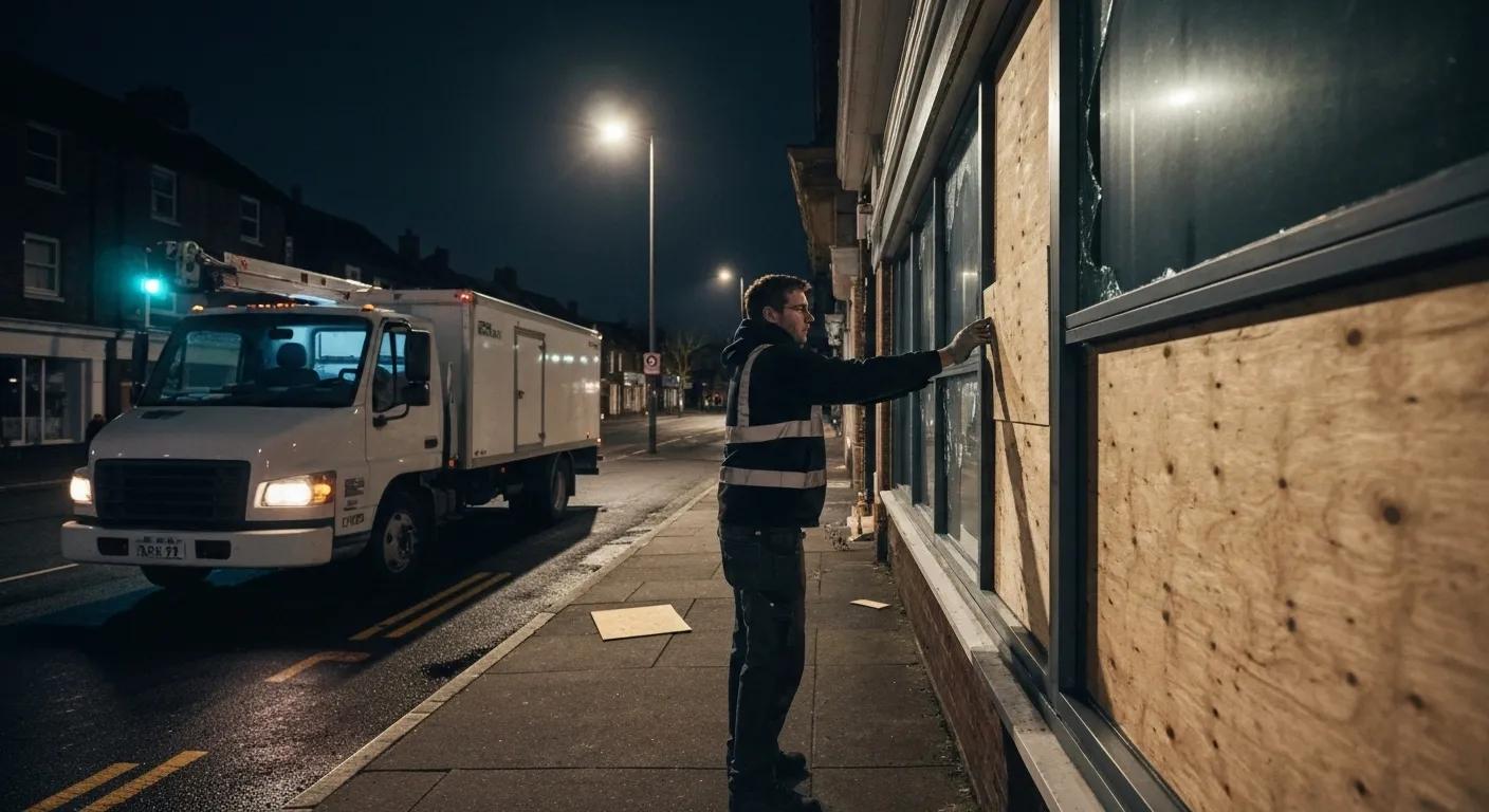 Glazier performing emergency glass repairs at night, securing a broken window with plywood