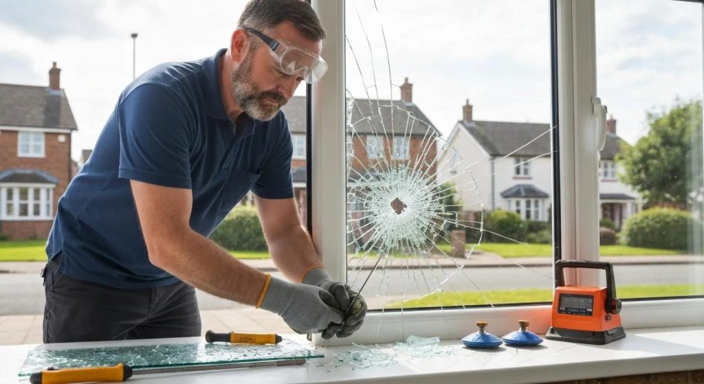 Expert glazier fixing a shattered window pane in Sunbury, displaying tools and safety equipment