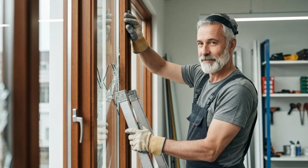 Expert glazier carefully repairing a broken window using safety-grade materials
