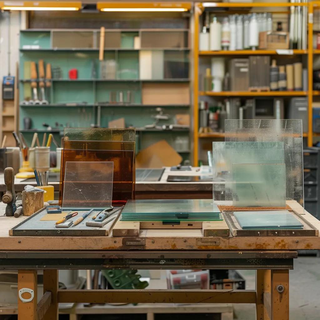 Samples of toughened and laminated safety glass on a workbench