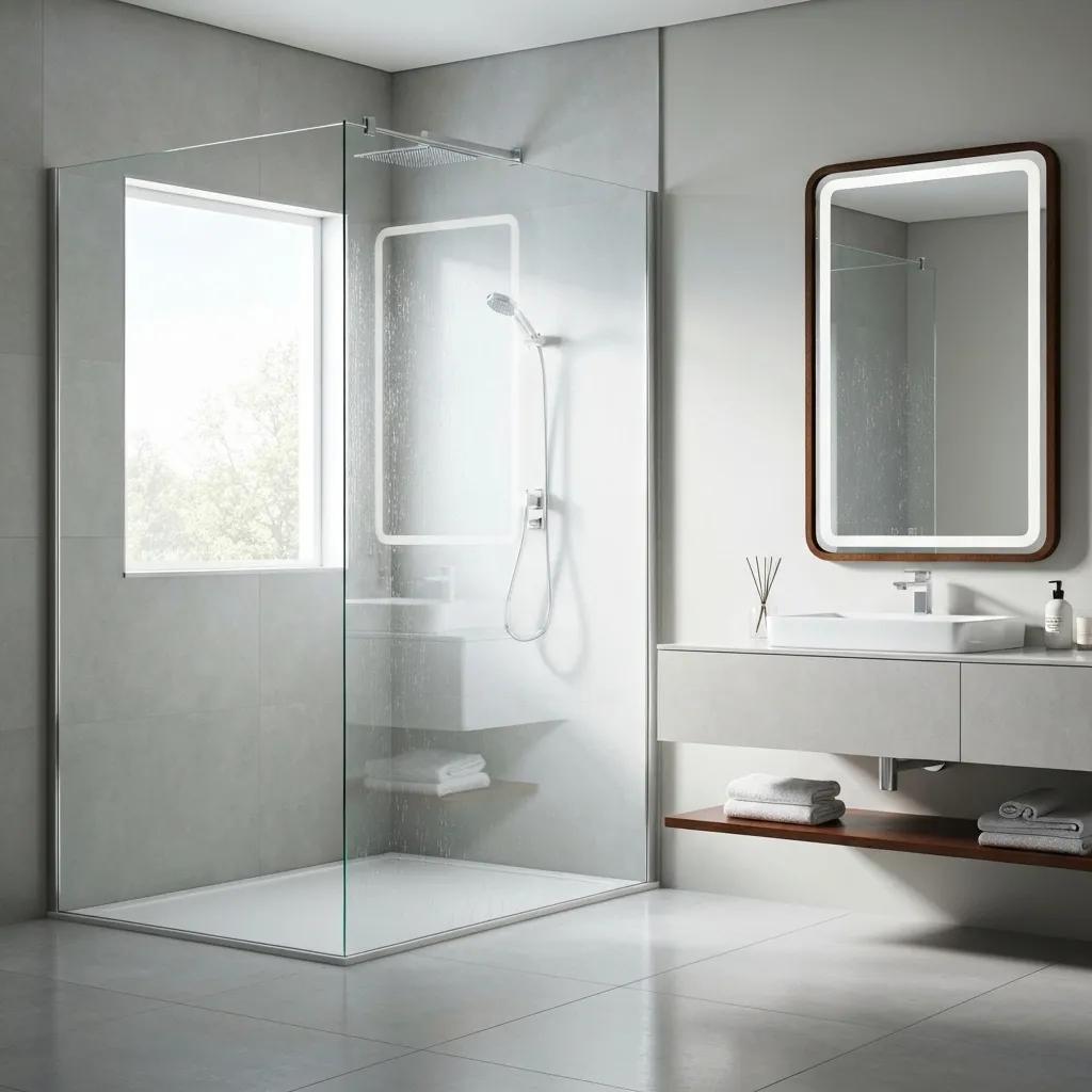 Modern bathroom featuring a sleek frameless shower screen and a stylish mirror