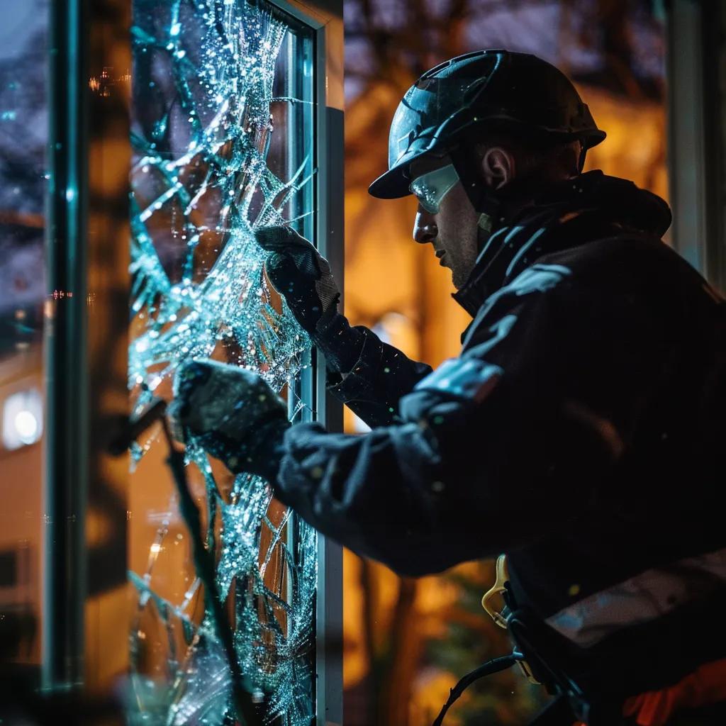 Certified glazier securing broken glass during emergency repair at night