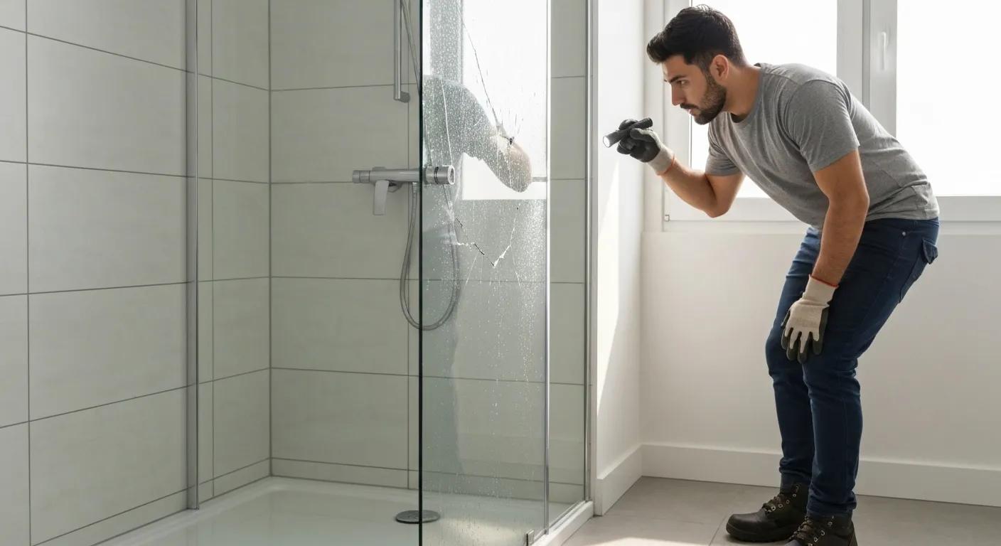 Professional glazier carefully inspecting a cracked shower panel during an emergency repair call