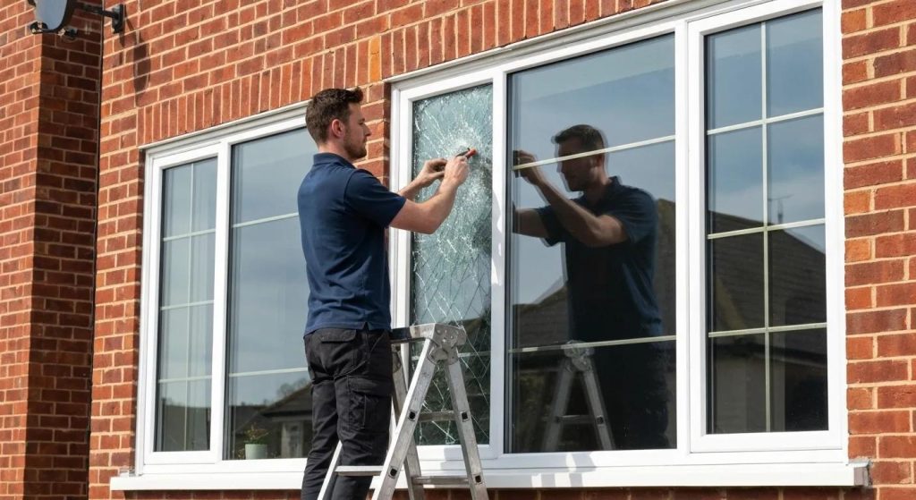 Professional glazier repairing a broken window in a Sunbury home, emphasizing expert glass repair services