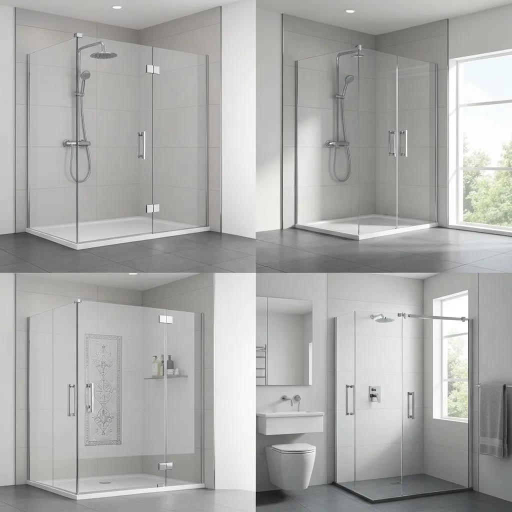 Different styles of shower screens in a modern bathroom, illustrating options available for Sunbury residents