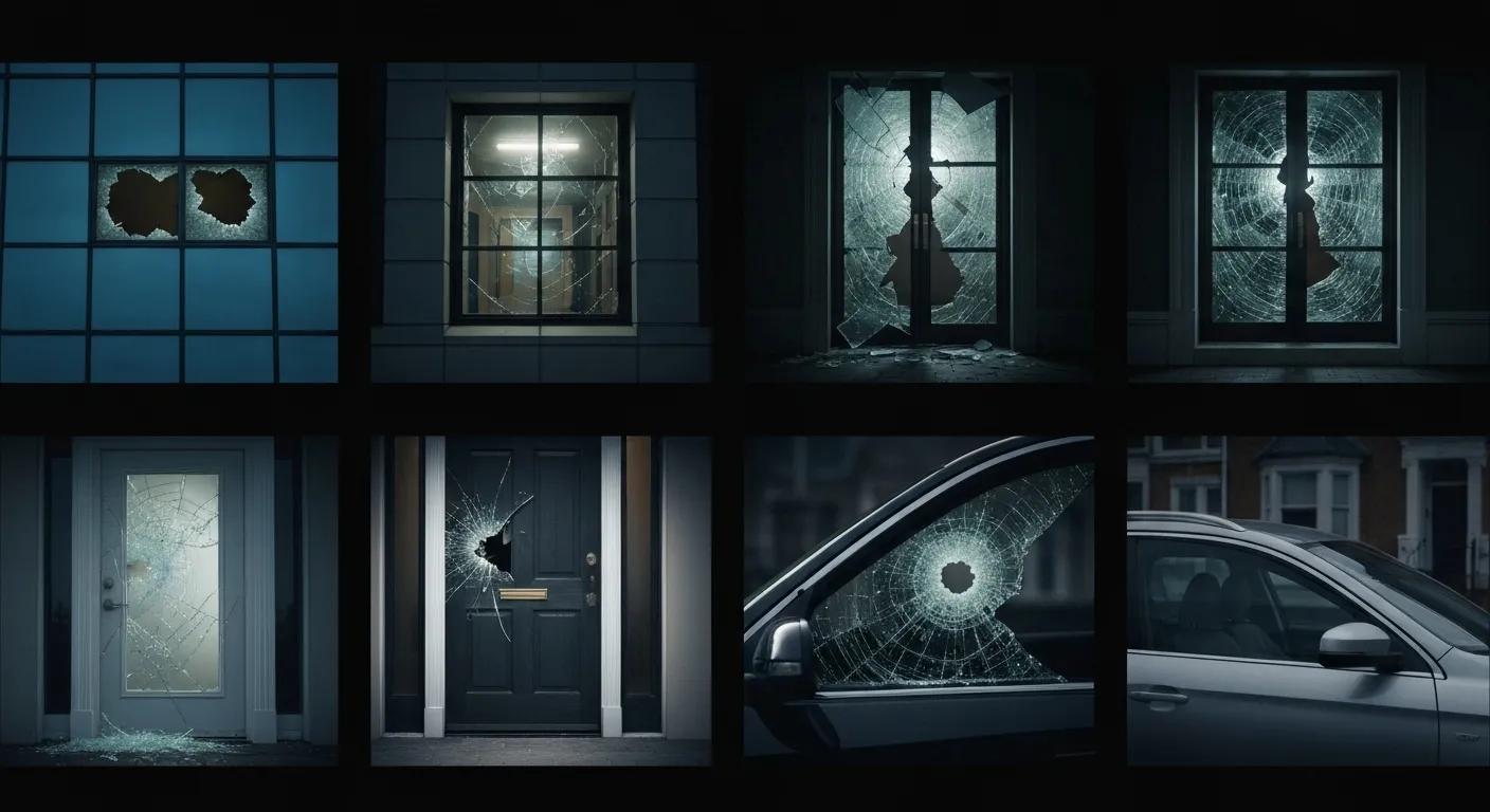 Various emergency glass repair scenarios including broken windows and doors, highlighting urgent repair services