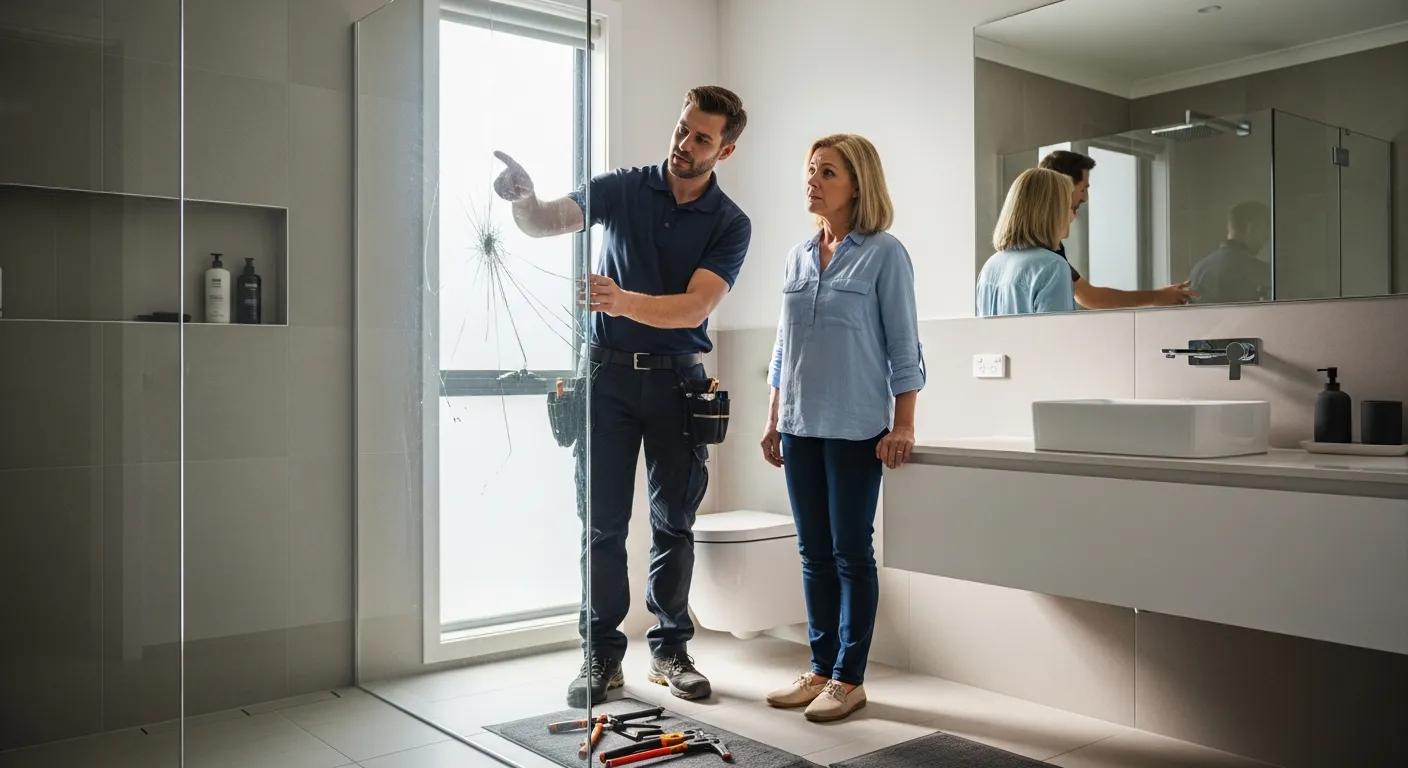 Technician assessing a damaged shower screen in a modern bathroom, discussing repair options with a homeowner