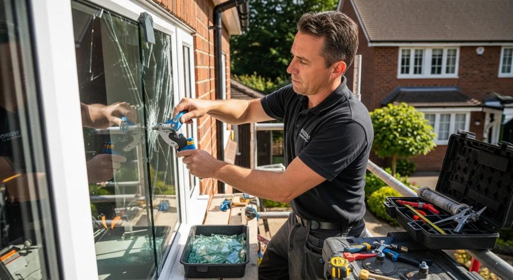 Professional glazier repairing a window in a residential setting, highlighting expertise in glass repairs