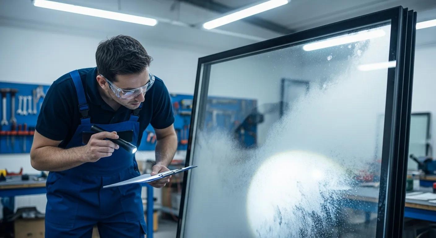 Technician inspecting fogged double-glazed glass for restoration