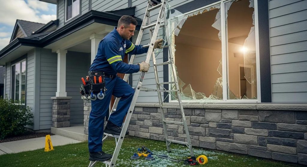 Emergency glass repair technician fixing a broken window in a home