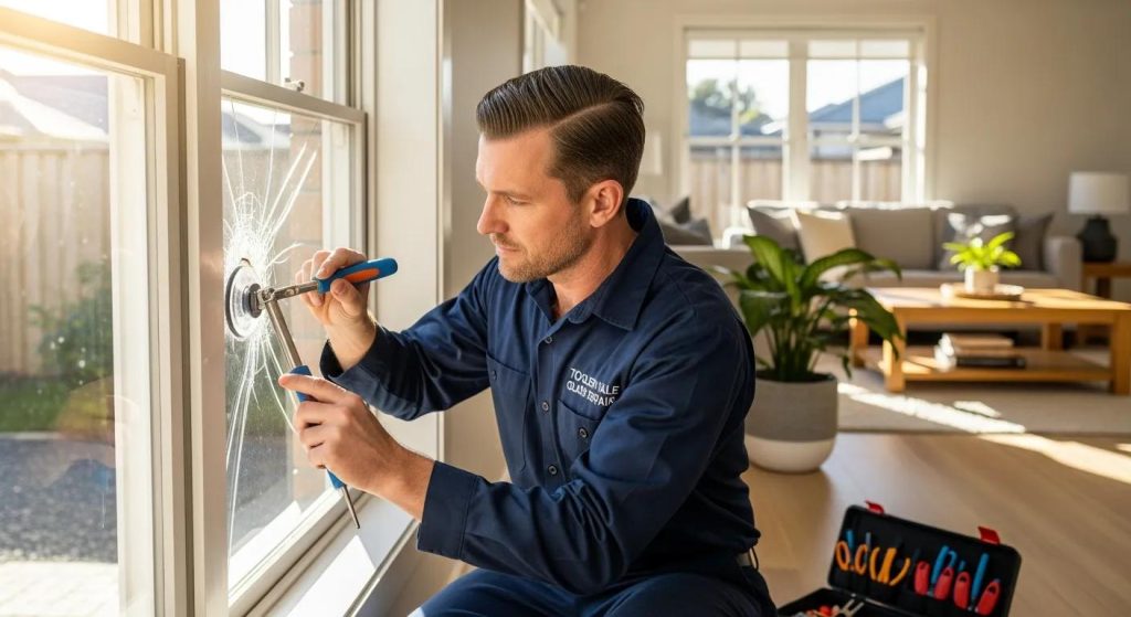 Professional technician repairing a window glass in a residential home, highlighting glass repair services in Toolern Vale