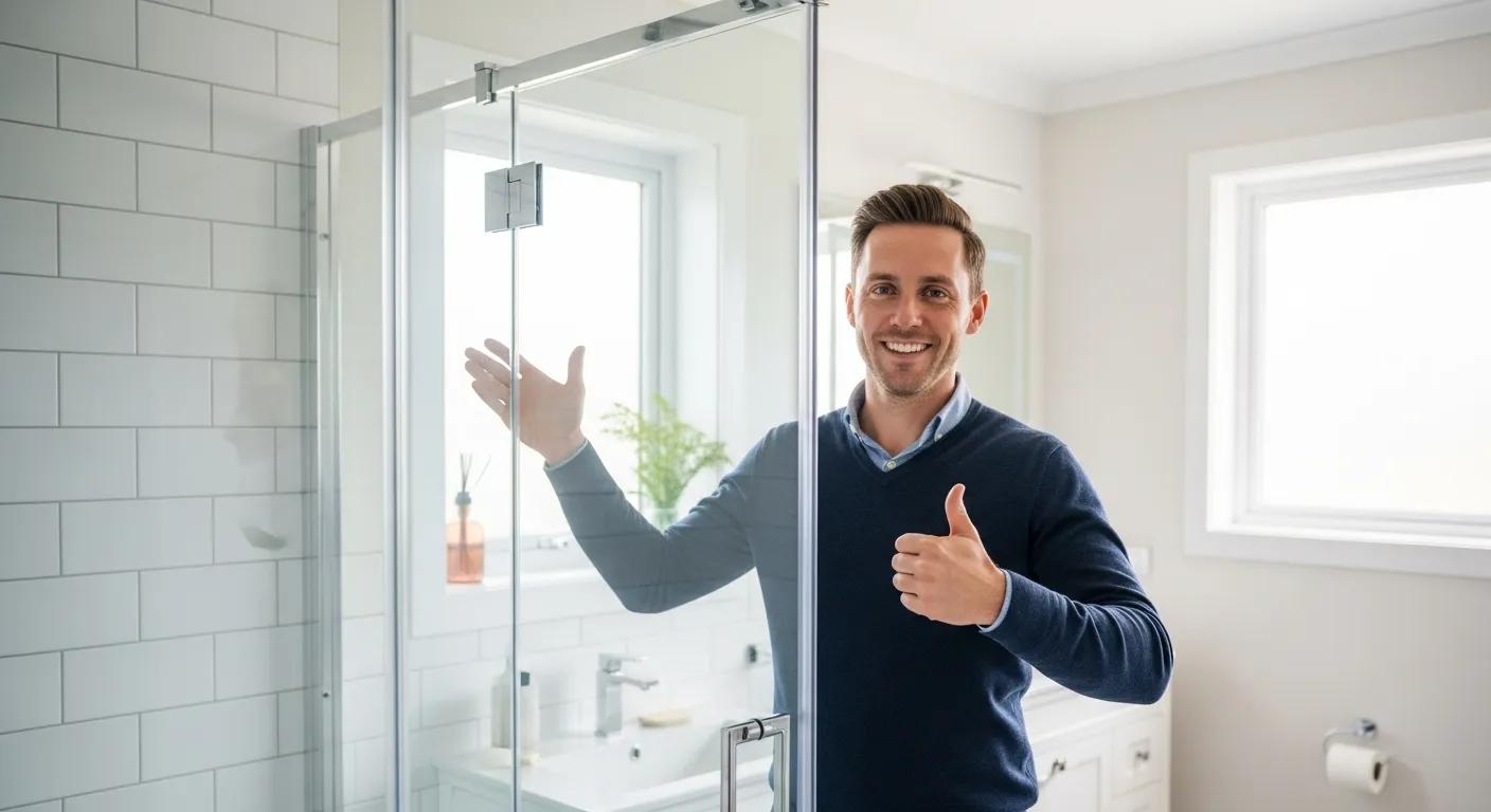Satisfied customer next to a newly installed shower screen, highlighting quality workmanship and customer satisfaction
