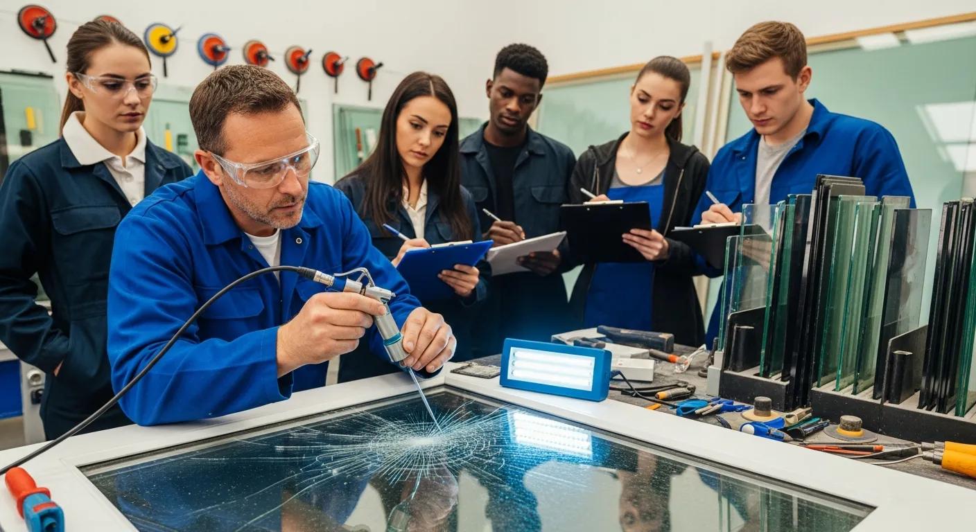 Technician demonstrating house door glass repair techniques, including resin injection for minor cracks