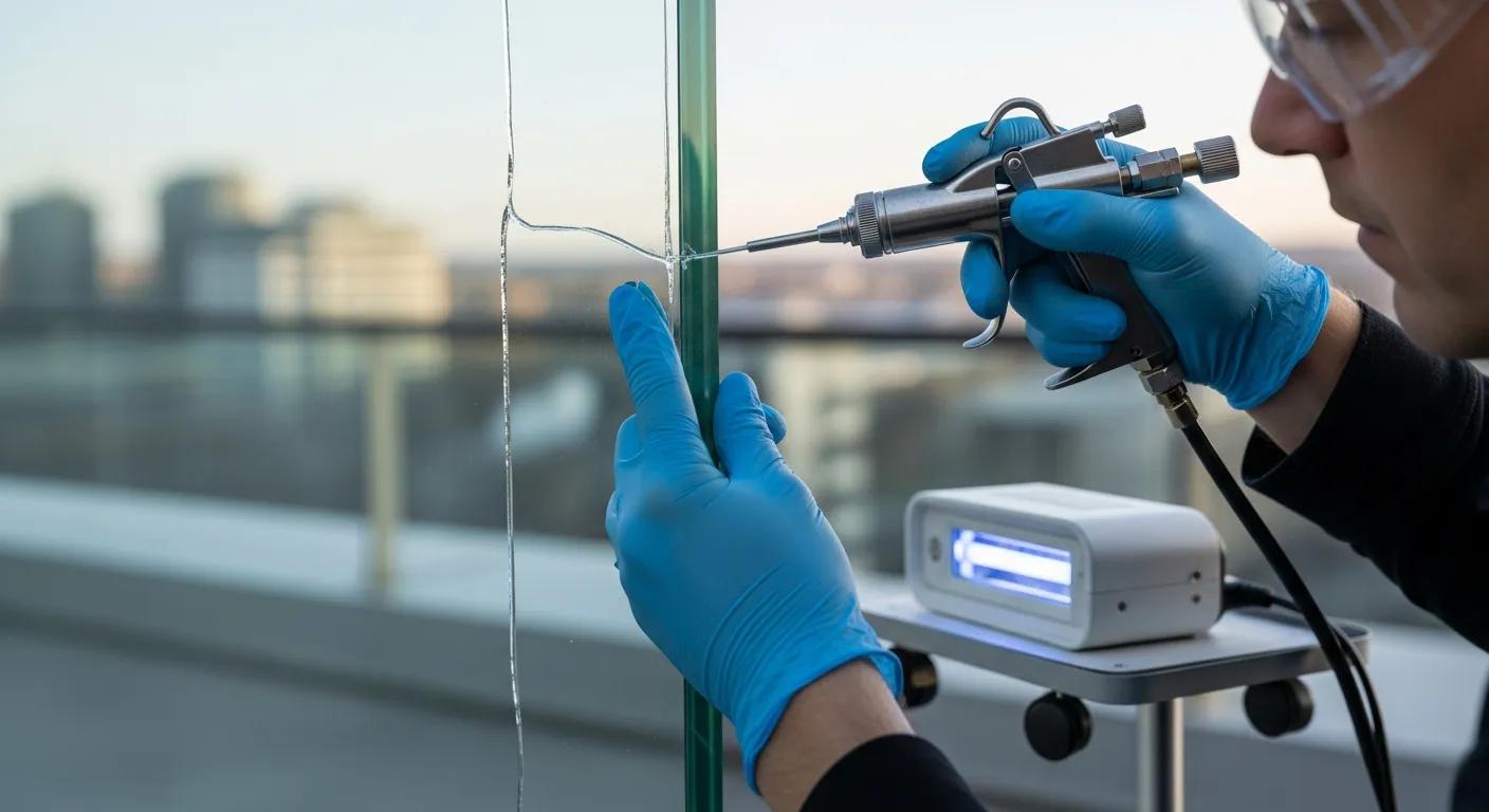 Technician applying epoxy injection to repair a cracked glass panel
